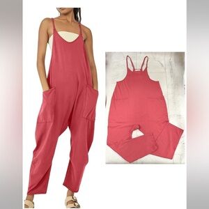 Oufeiya NIP pink jumpsuit onesie with pockets and zipper, M (19”) XL (22”) p2p